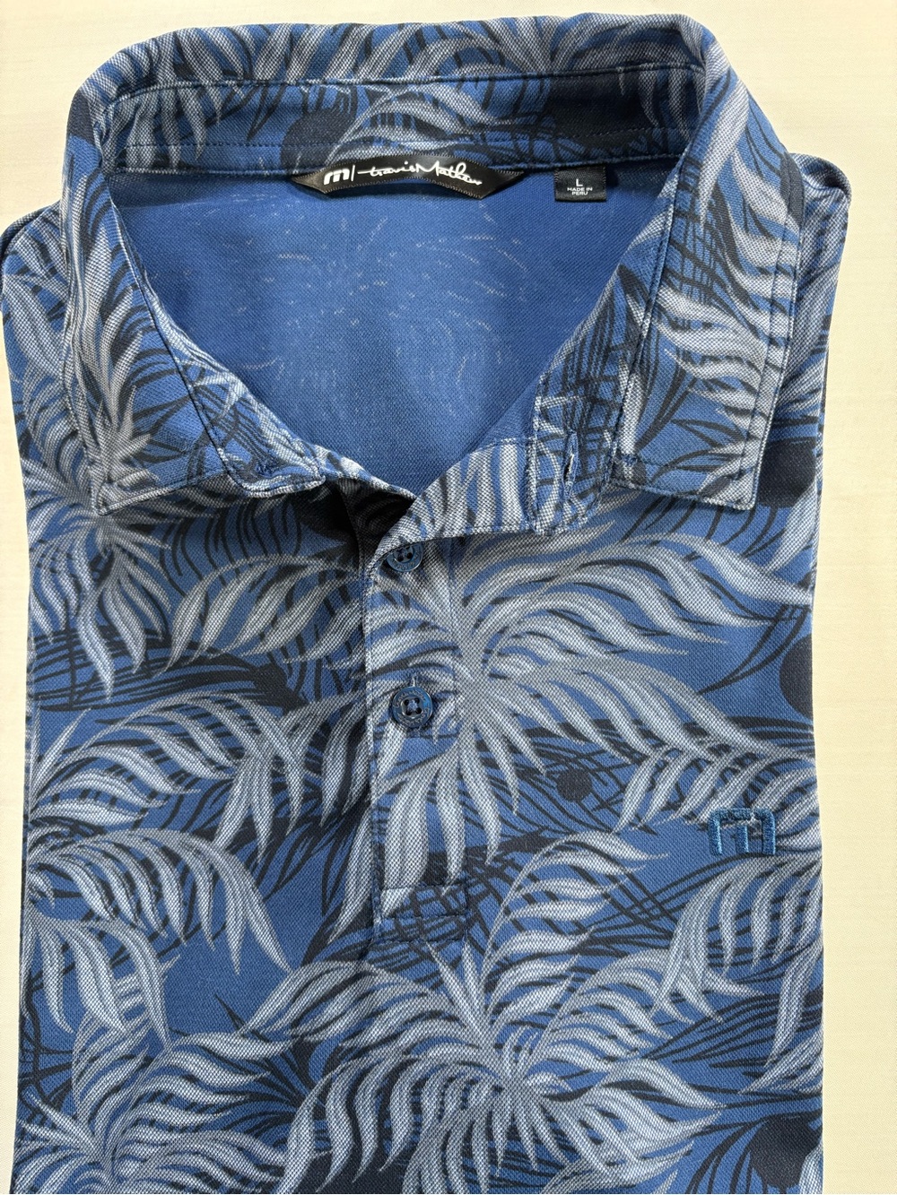 TravisMathew Mens Large Polo Shirt Blue Palm Leaf Tropical Print Short Sleeve L - Picture 3 of 8